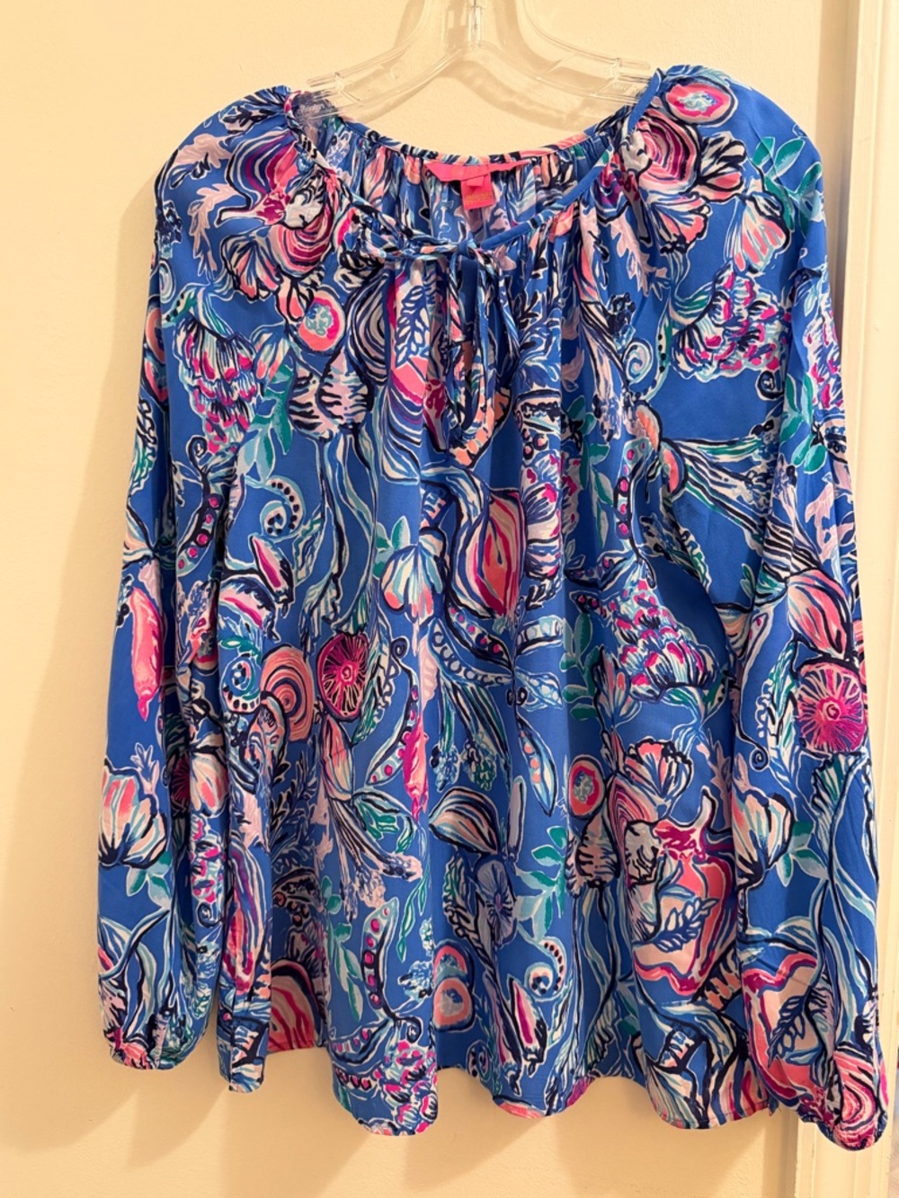 Lilly Pulitzer Blue Floral Tie-Neck Blouse with Pink Accents